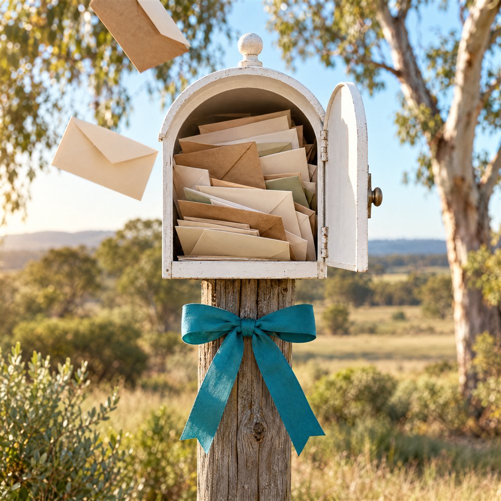 A white letterbox on a timber post, overflowing with envelopes, tied with a teal ribbon in the Australian bush