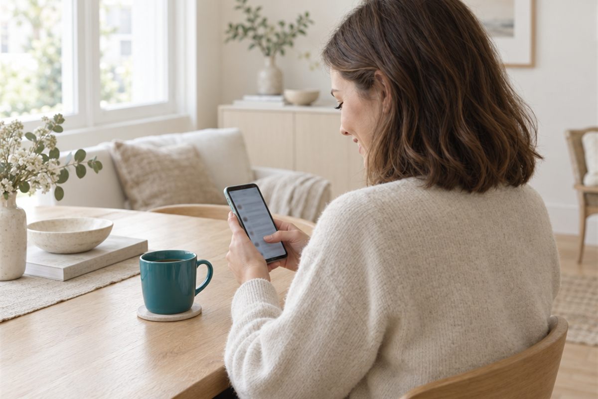 A practitioner at her kitchen table, scrolling social media on her phone beside a teal mug