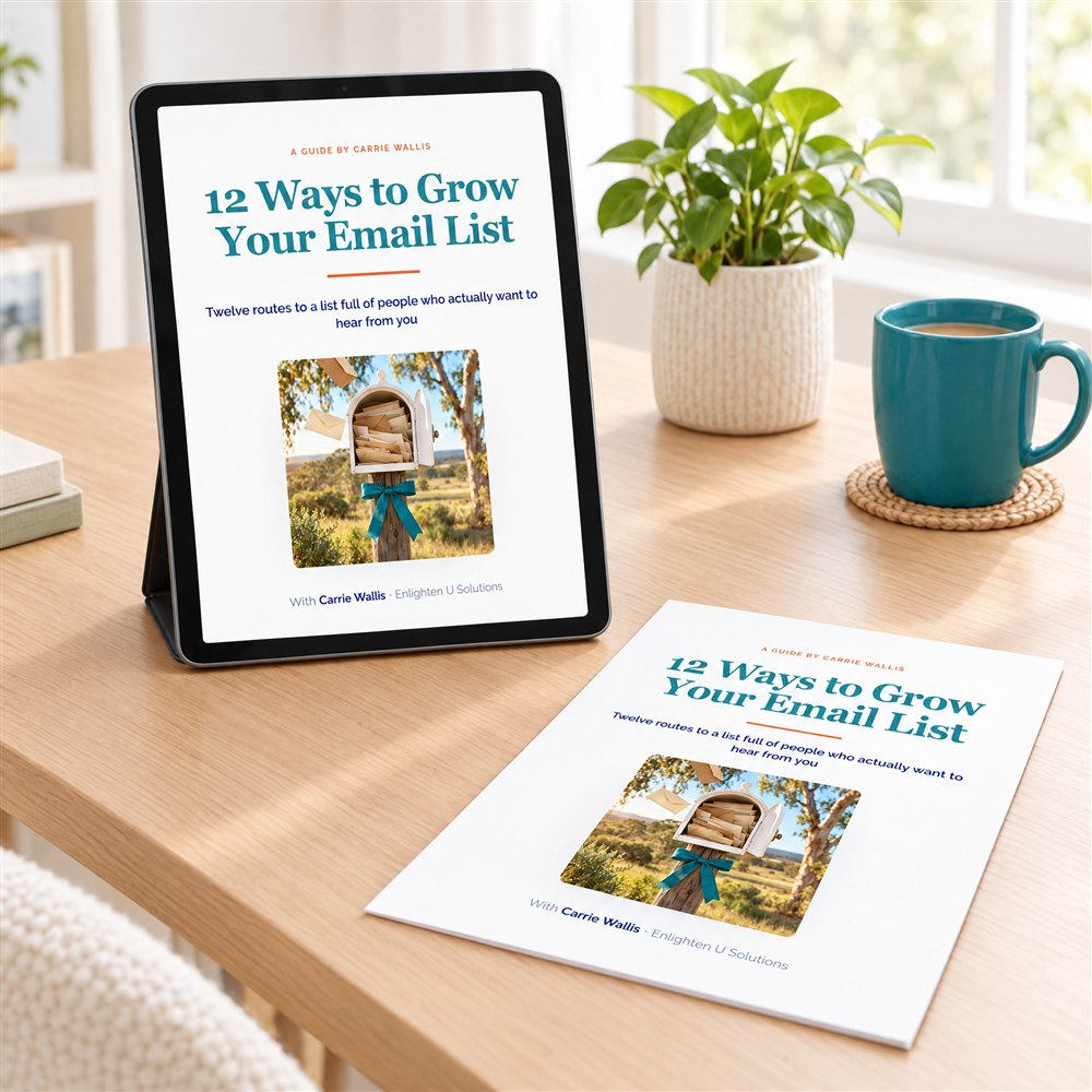 The 12 Ways to Grow Your Email List guide, open on a tablet and printed beside it, on a sunny desk