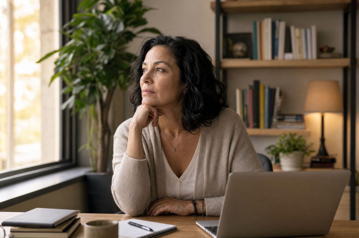 A counsellor at her desk, looking out of the window, thinking about how to reach more of the people she trained to help