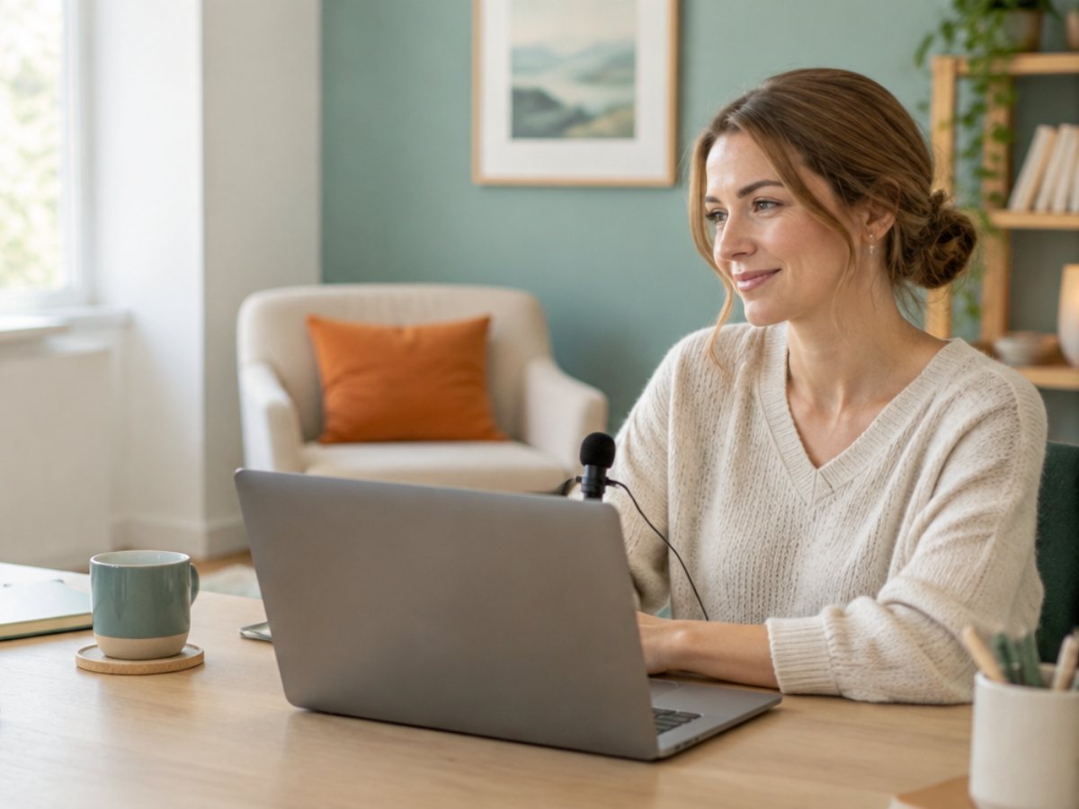 A therapist recording a voiceover at her laptop in a bright practice room, a phone tripod turned away from her