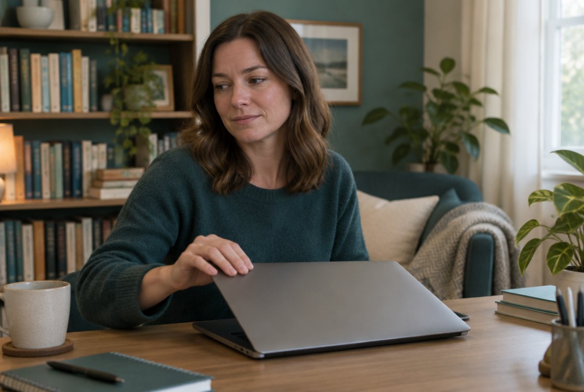 A counsellor closing her laptop lid in her home office, looking away uneasily