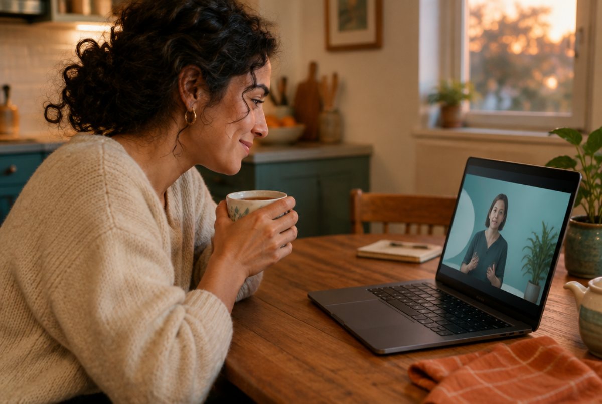 A woman with a cup of tea at her kitchen table, smiling as she watches a practitioner’s short video