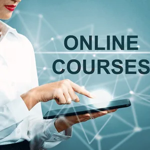 A professional touching a tablet next to the words Online Courses