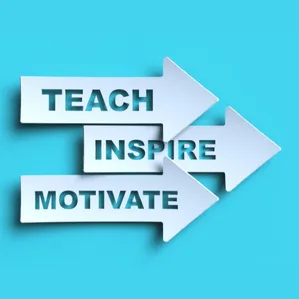 Three white arrows labelled Teach, Inspire and Motivate