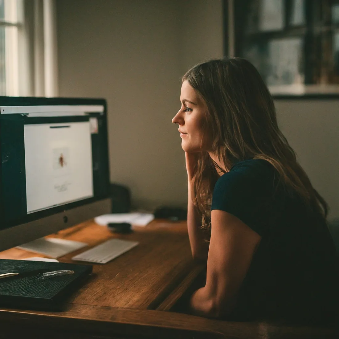 A woman reading email on a desktop computer beside a sunlit window