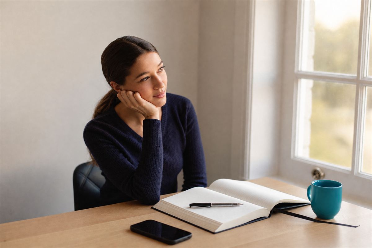 A practitioner at her desk looking out of the window, an open diary and a face-down phone in front of her