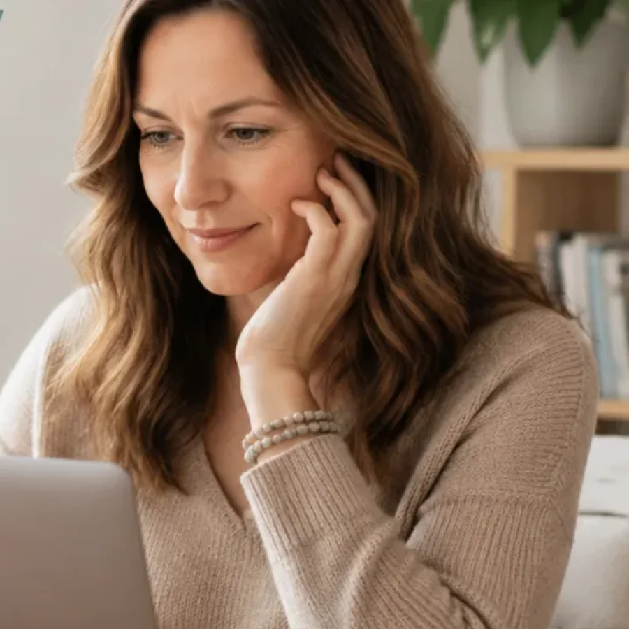 A coach sitting at her laptop, considering how her ideal clients would find her through AI search