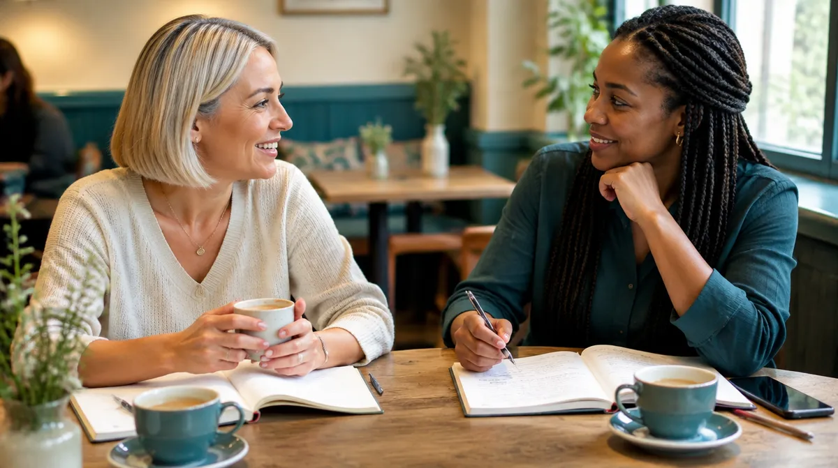 Two practitioners chatting over coffee with notebooks open, planning to work together