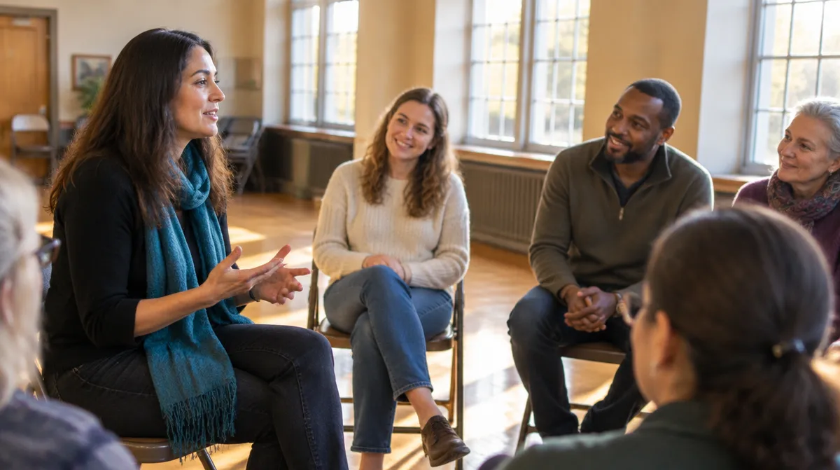 A coach talking with a small group seated in a circle in a community hall
