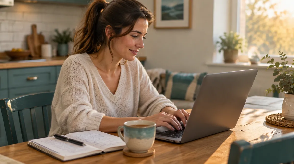 A coach writing an email at her kitchen table with a notebook and a cup of tea
