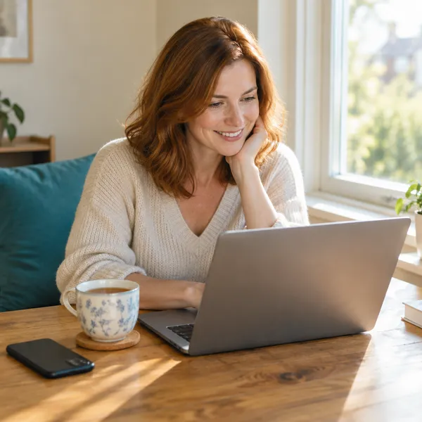 A coach smiling as she reads an email reply at her desk, her phone face down beside her
