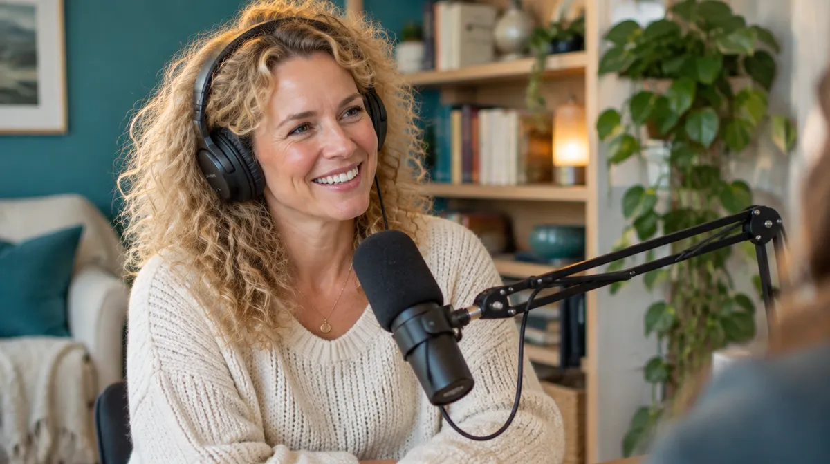 A coach wearing headphones and smiling as she records a podcast conversation at home