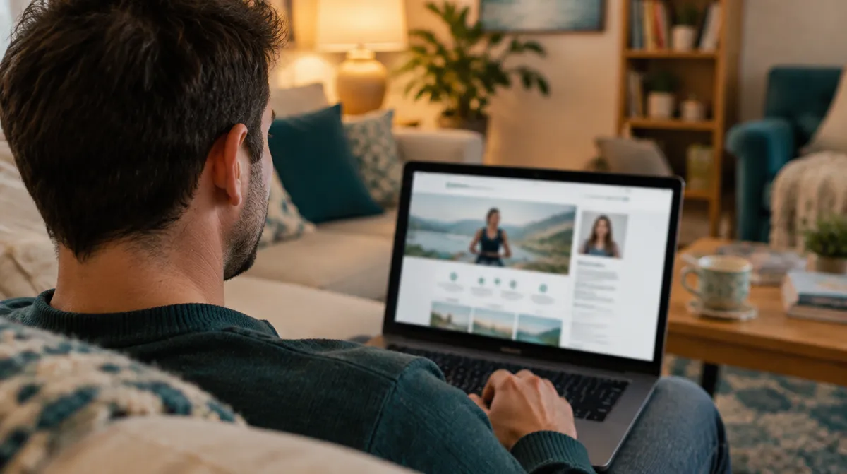 A man on his sofa at home reading a coach's website on his laptop