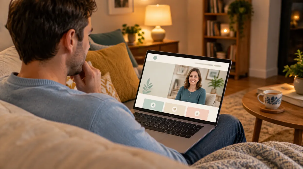 A man at home on his sofa reading a counsellor's website on his laptop