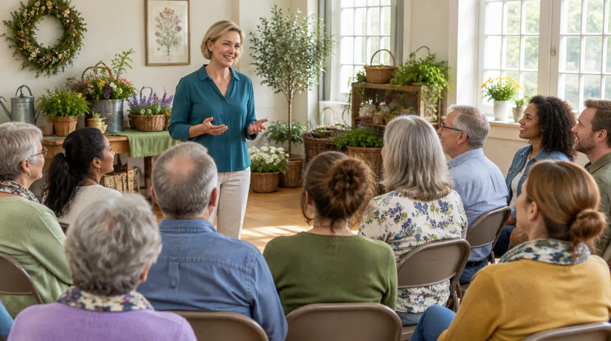A counsellor giving a talk to a small group at a local garden club meeting