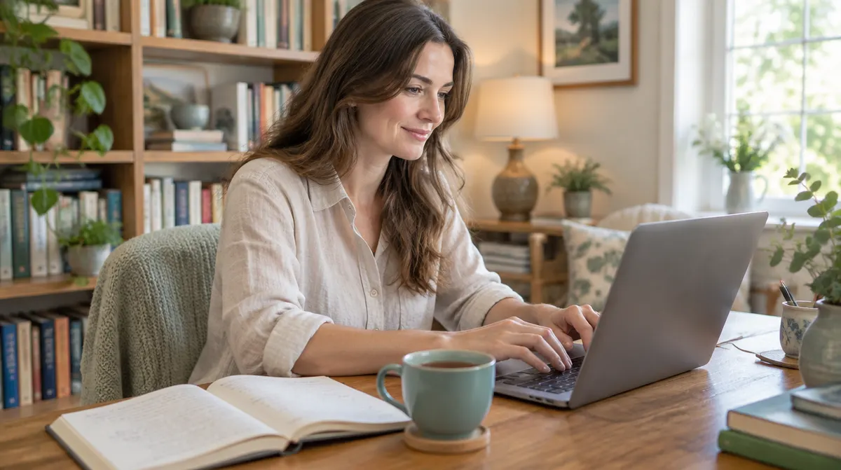 A counsellor at her desk writing a blog post on her laptop, with a notebook and a cup of tea