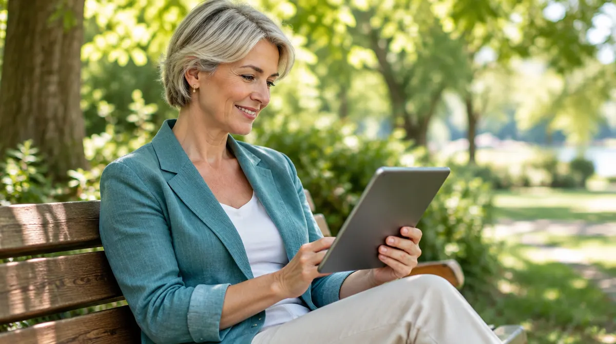 A counsellor on a park bench smiling as she checks her practice online on a tablet