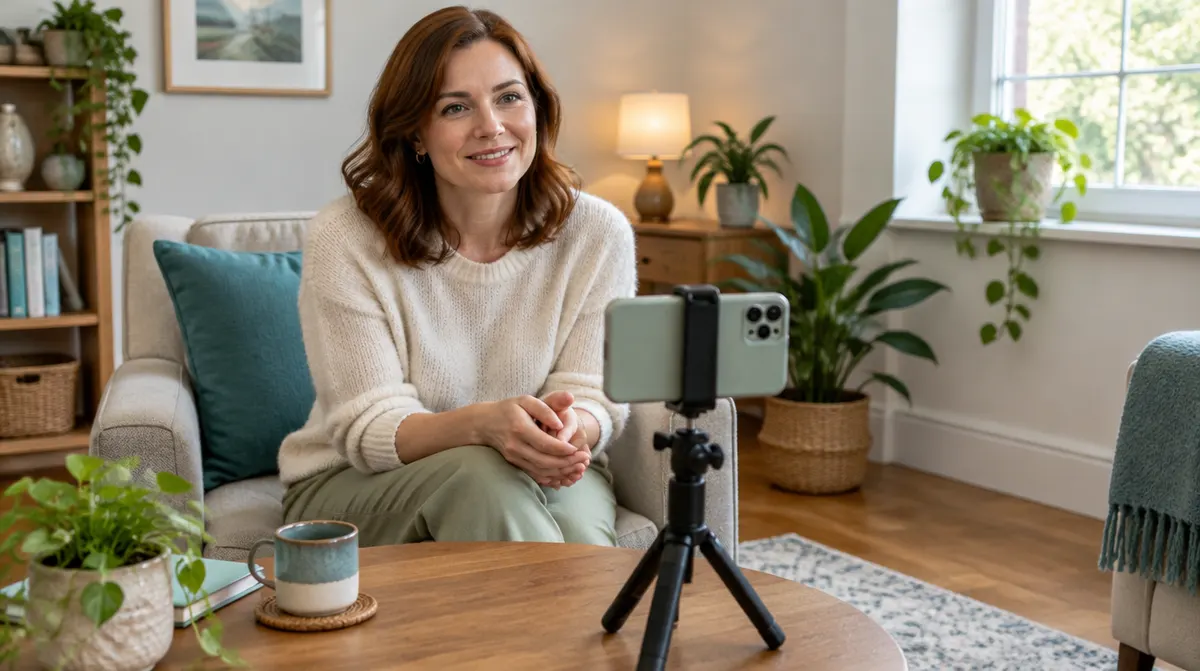 A counsellor in her therapy room smiling as she records a short video on a phone on a small tripod