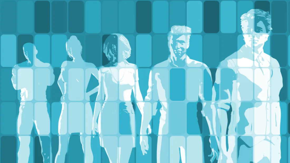 Stylised silhouettes of five people against a teal tiled background