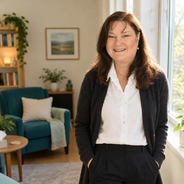 Carrie Wallis standing by a sunlit window in her therapy room, smiling
