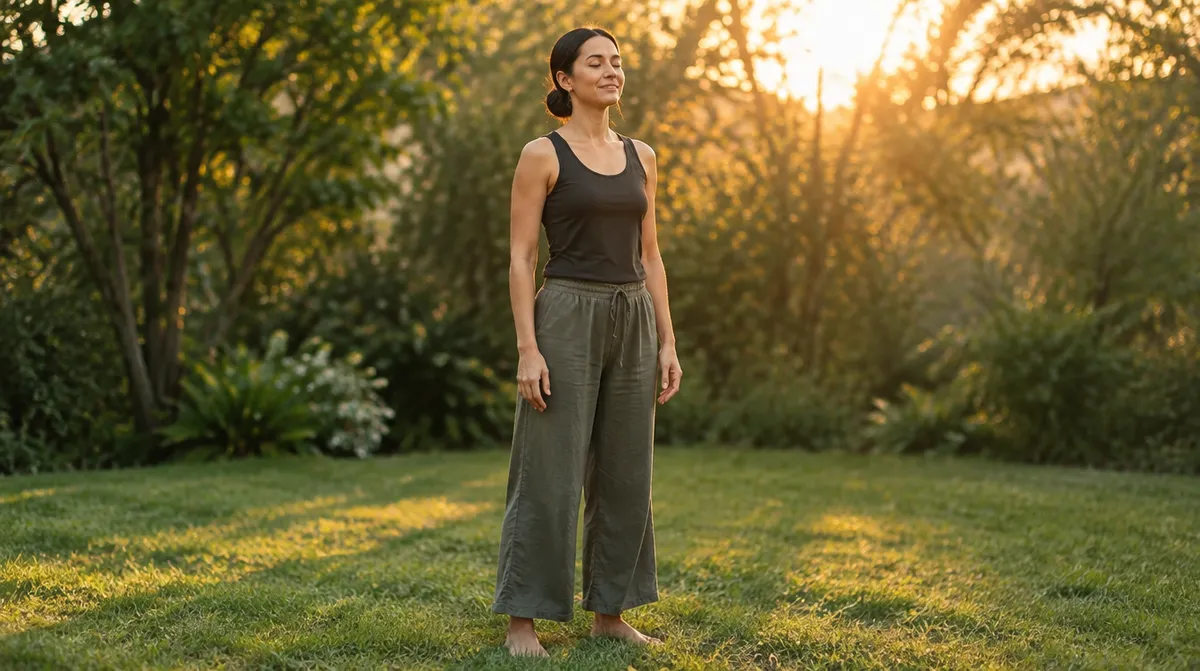 A coach standing barefoot on the grass in a garden at golden hour, eyes closed and smiling