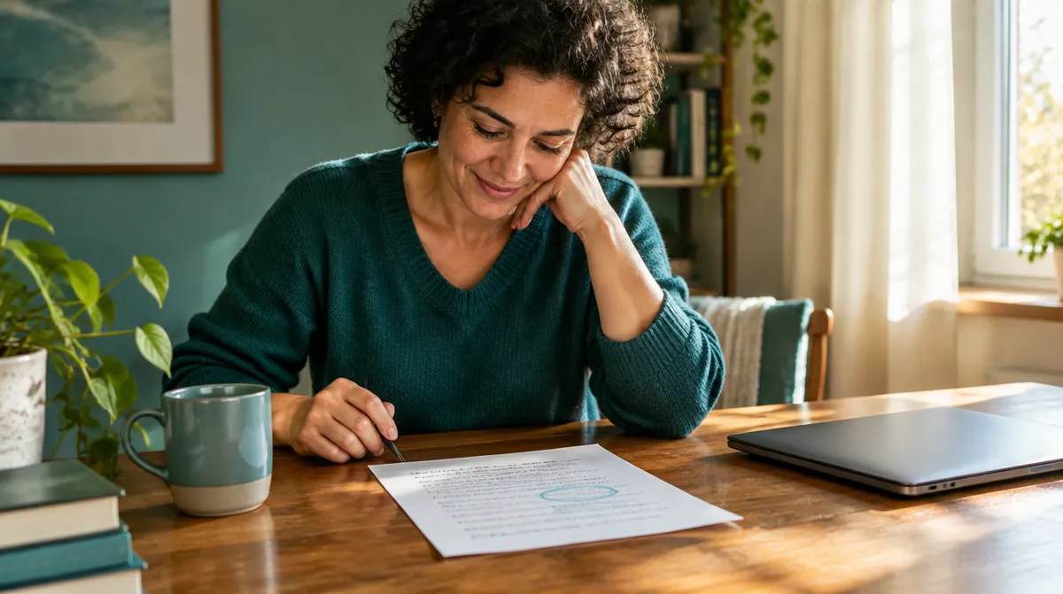 A coach at her desk looking relieved at a page of notes with one item circled