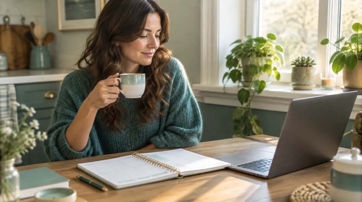 A coach at her kitchen table with a cup of tea, glancing at her weekly planner and laptop