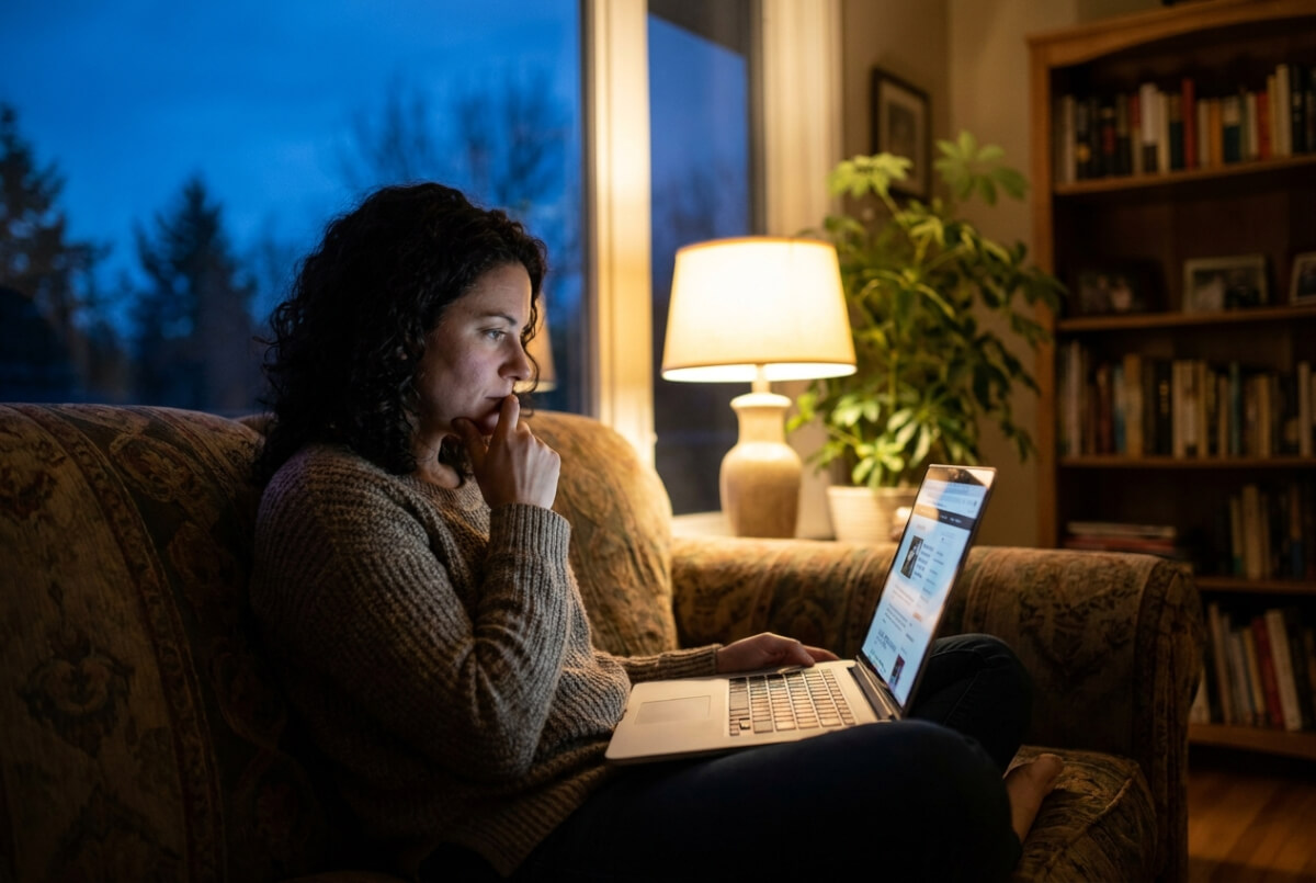 A woman on a sofa at dusk, reading a practitioner's website on her laptop by lamplight