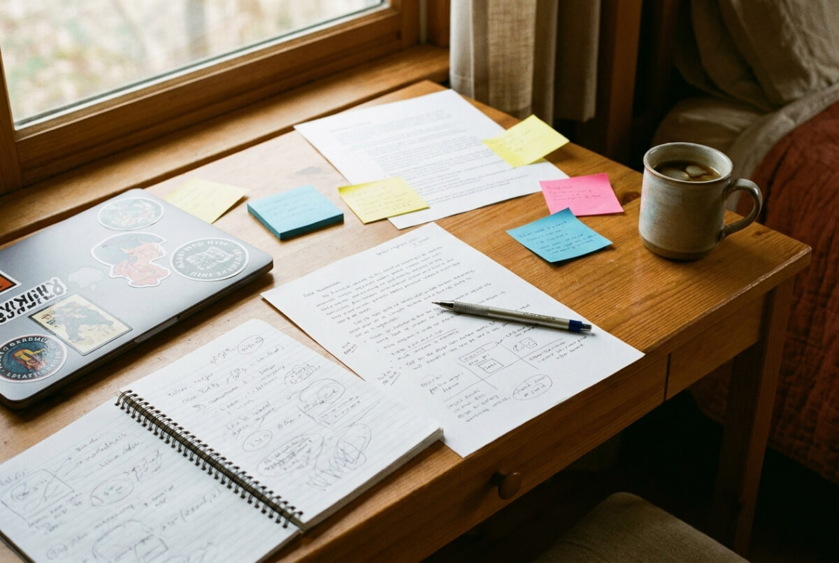 A desk by a window with a half-written document, an open notebook and sticky notes