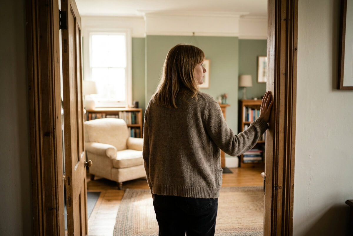 A woman standing in a doorway with her hand on the frame, looking into a warm sitting room she has not yet stepped into