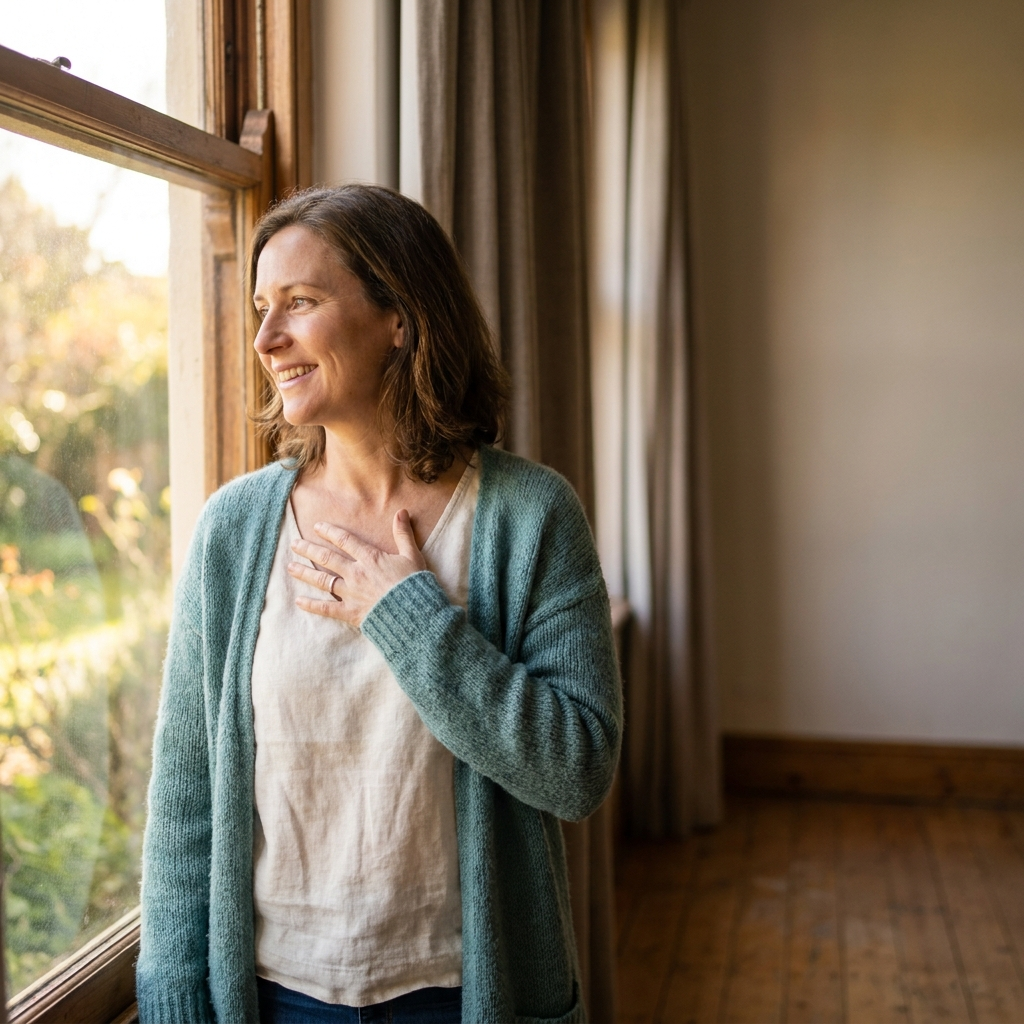 A woman standing by a window in warm light, hand resting on her heart, calm and self-assured