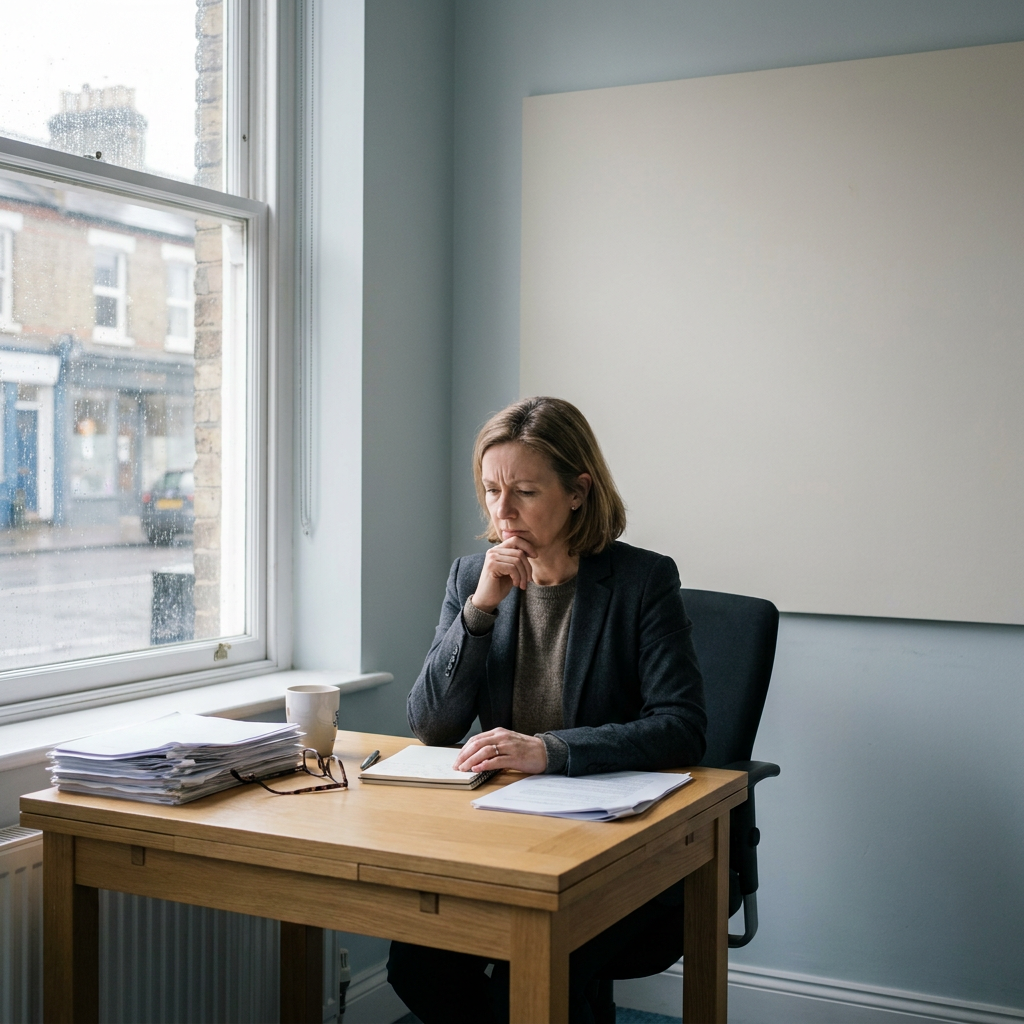 A professional woman at her desk by a window, thoughtful and weighed down by self-doubt