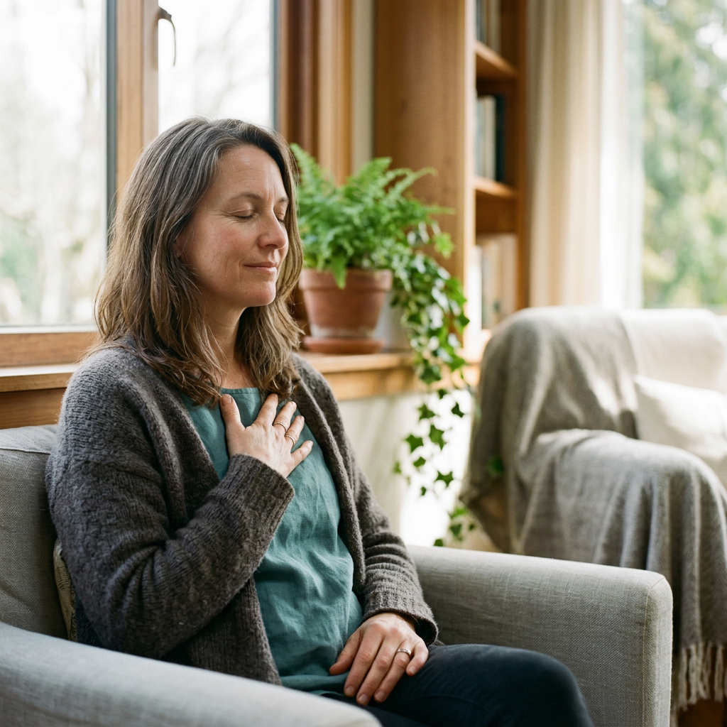 A woman sitting quietly with her hand on her heart, calm and settled