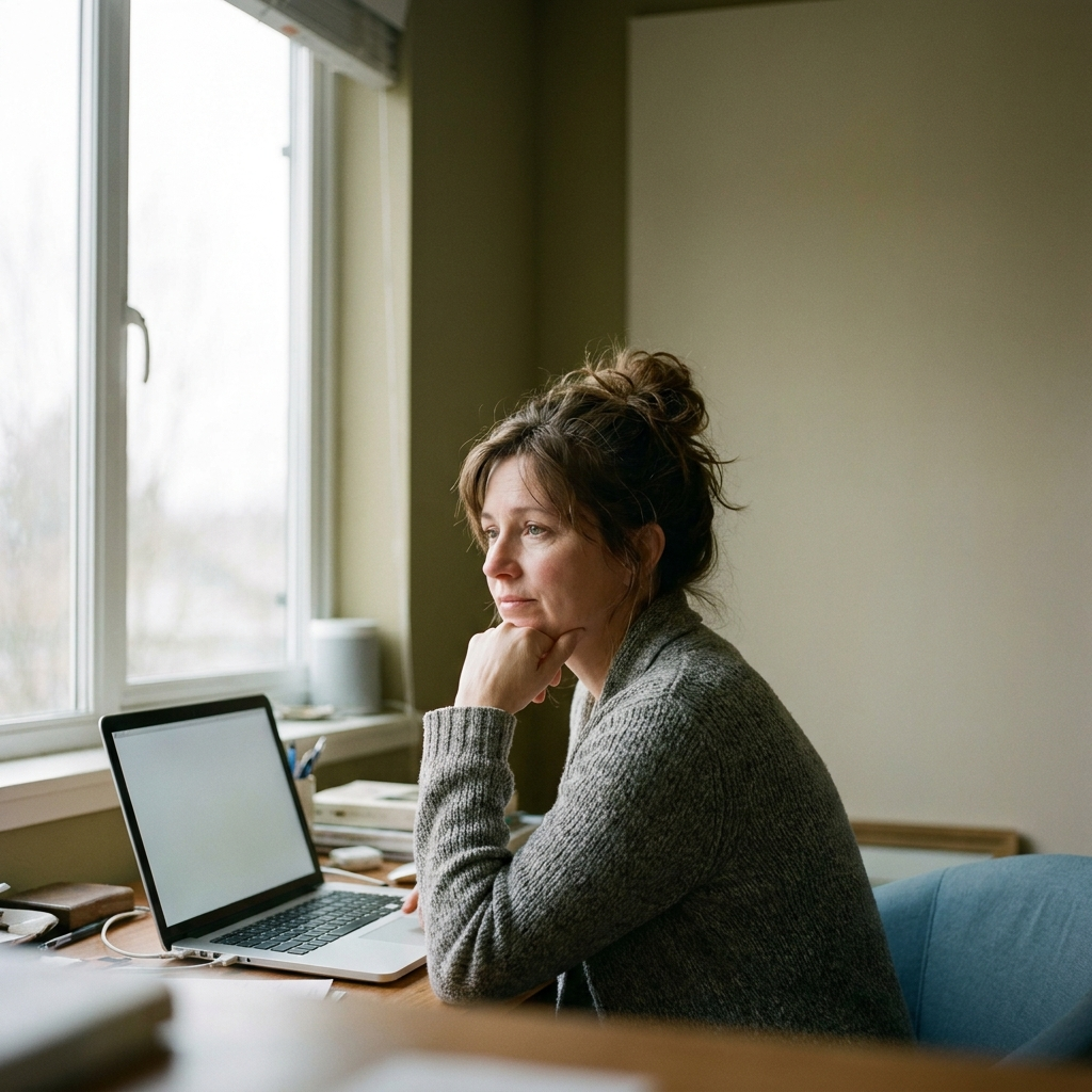 A practitioner sitting at her desk, laptop ignored, gazing out of the window, weighed down by quiet self-doubt