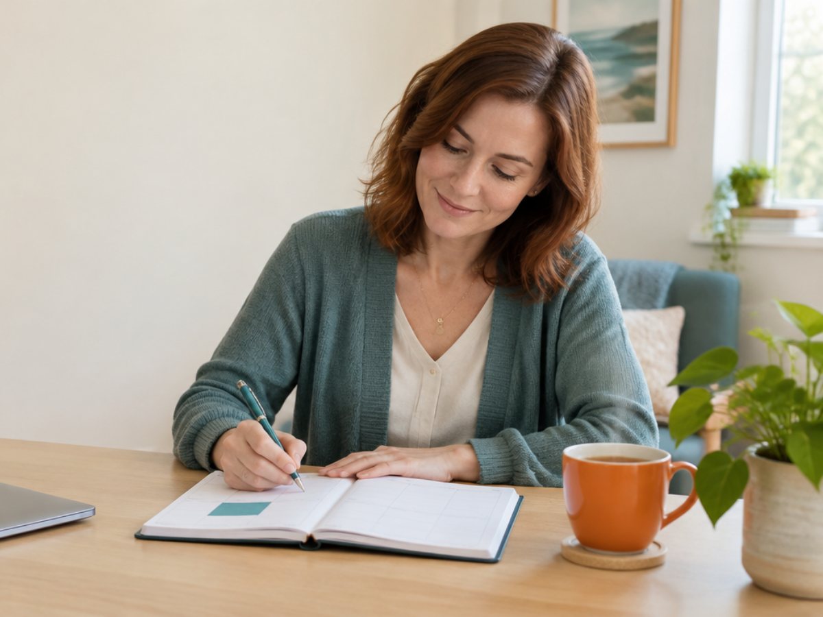 A counsellor smiling as she writes in her weekly planner at a sunlit desk