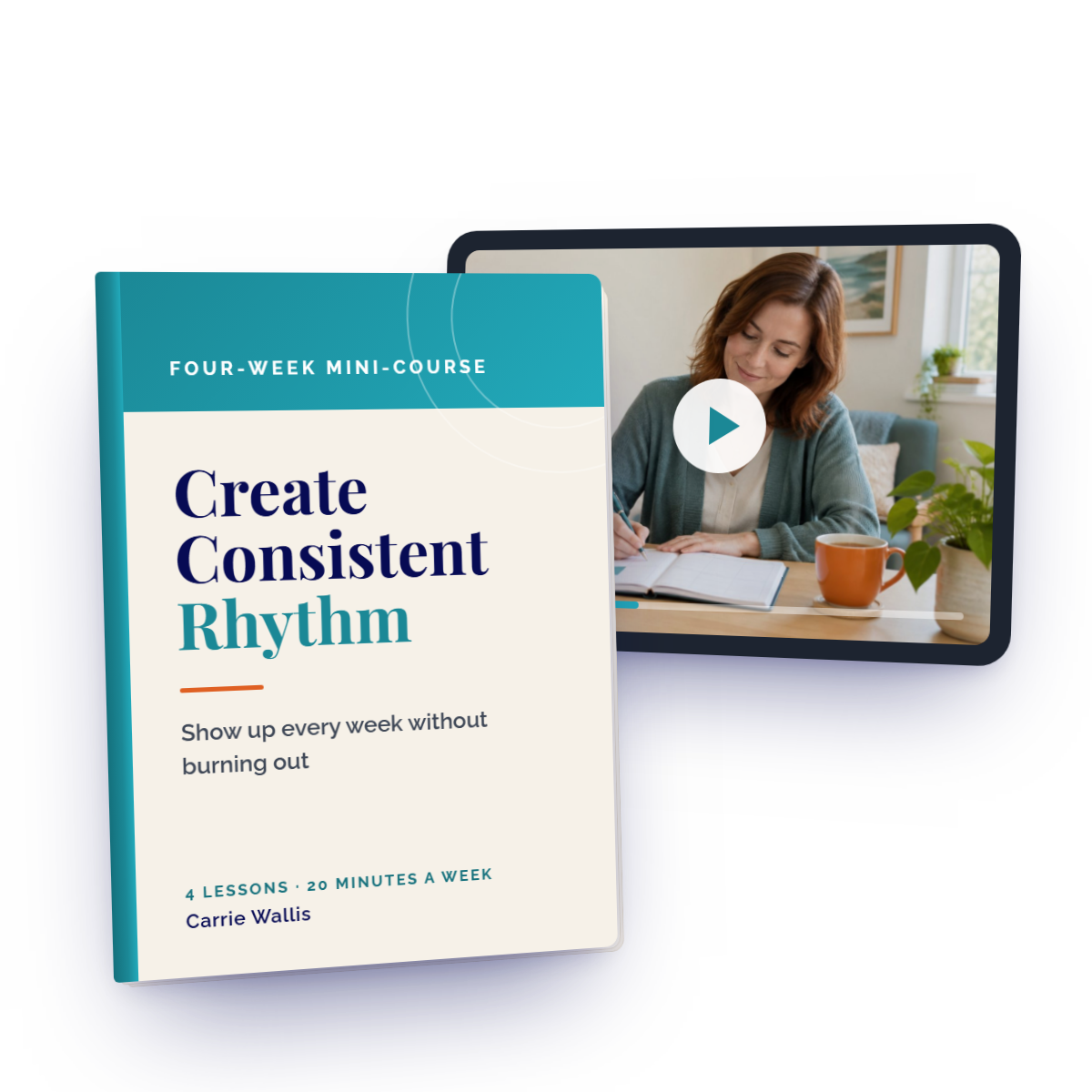 Create Consistent Rhythm: the course cover beside a lesson playing on a tablet