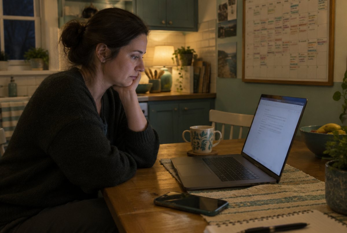 A coach at her kitchen table on a Sunday evening, looking tired at a half-finished blog post