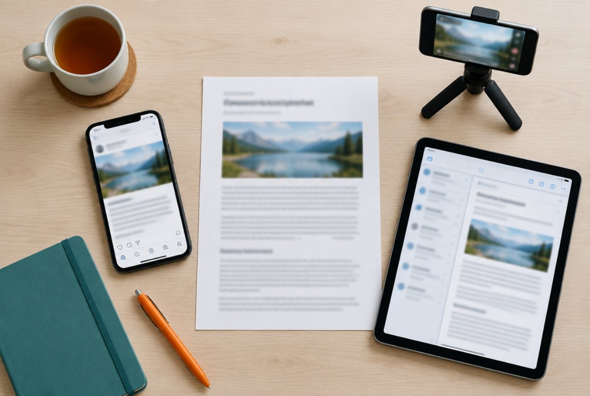One printed article on a desk beside a phone, a tablet and a small phone tripod, ready to be shared in several places