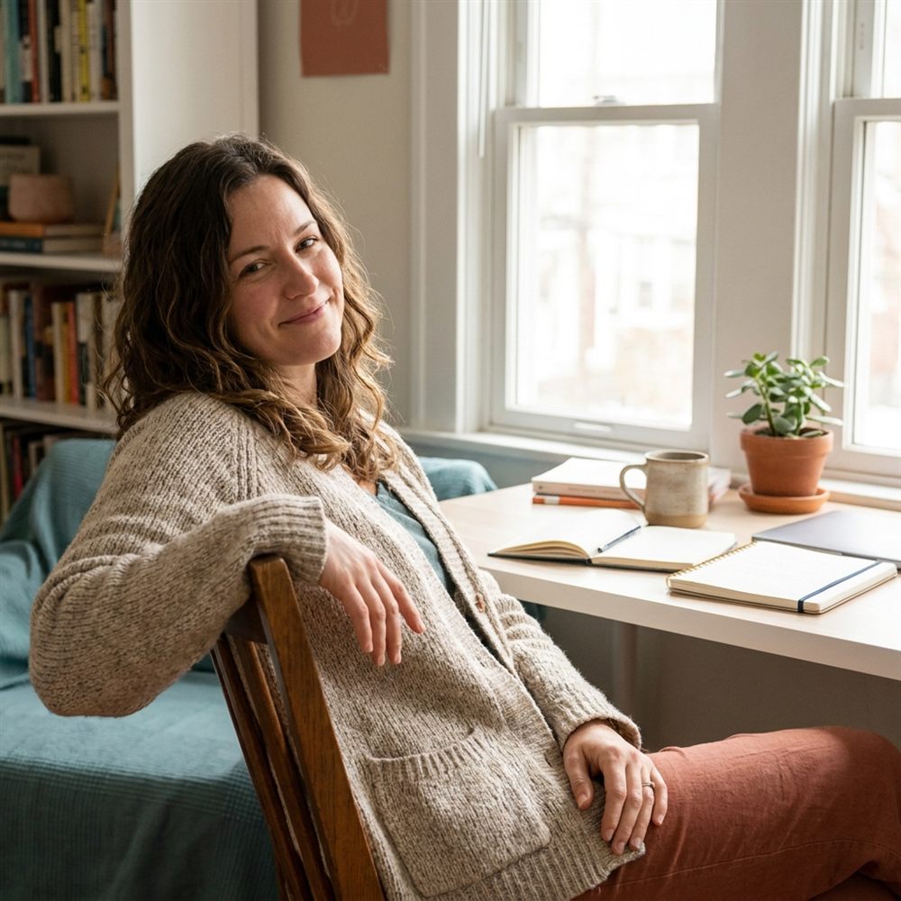 A warm, confident coach relaxed at her desk in a light-filled home office