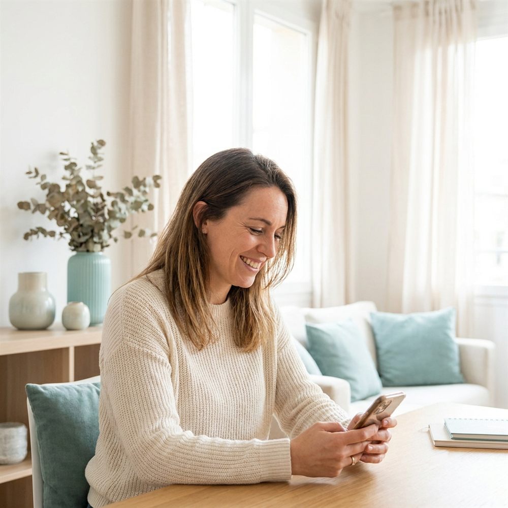 A coach smiling at her phone as new client enquiries come in