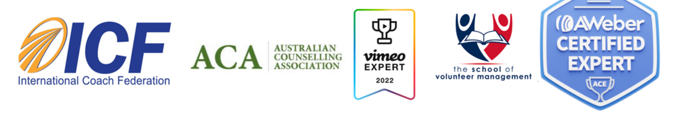 Recognised and trusted by the International Coach Federation, the Australian Counselling Association, Vimeo Expert, The School of Volunteer Management, and AWeber Certified Expert