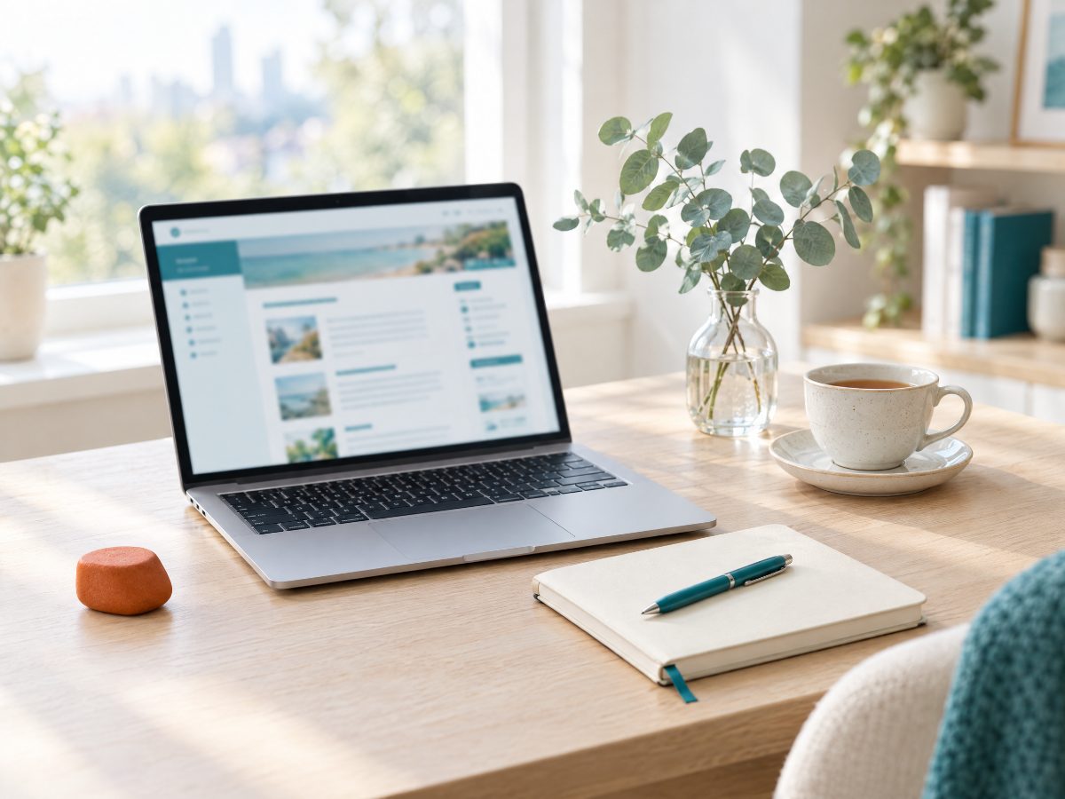 A laptop showing a long web page on a sunny desk, with a cup of tea and a notebook