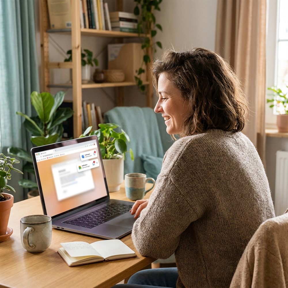 A coach smiling as new booking and enquiry notifications arrive on her laptop
