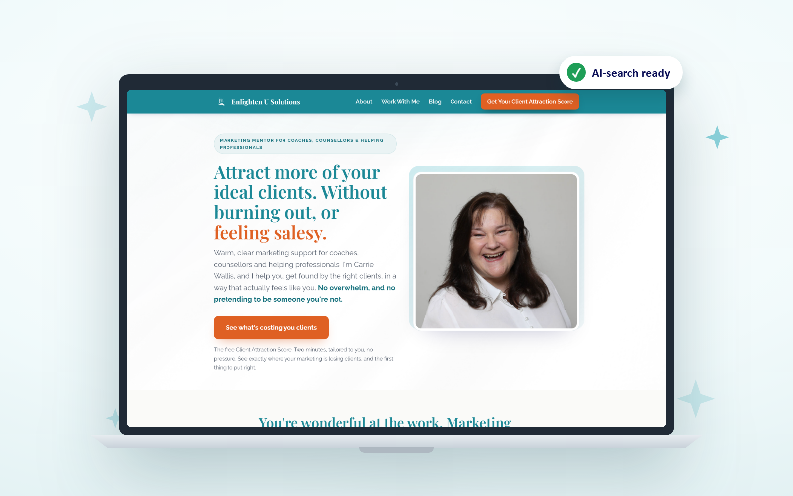 The Get-Found Website: Carrie Wallis's own Enlighten U Solutions home page, rebuilt so search engines and AI can find it, shown on a laptop.