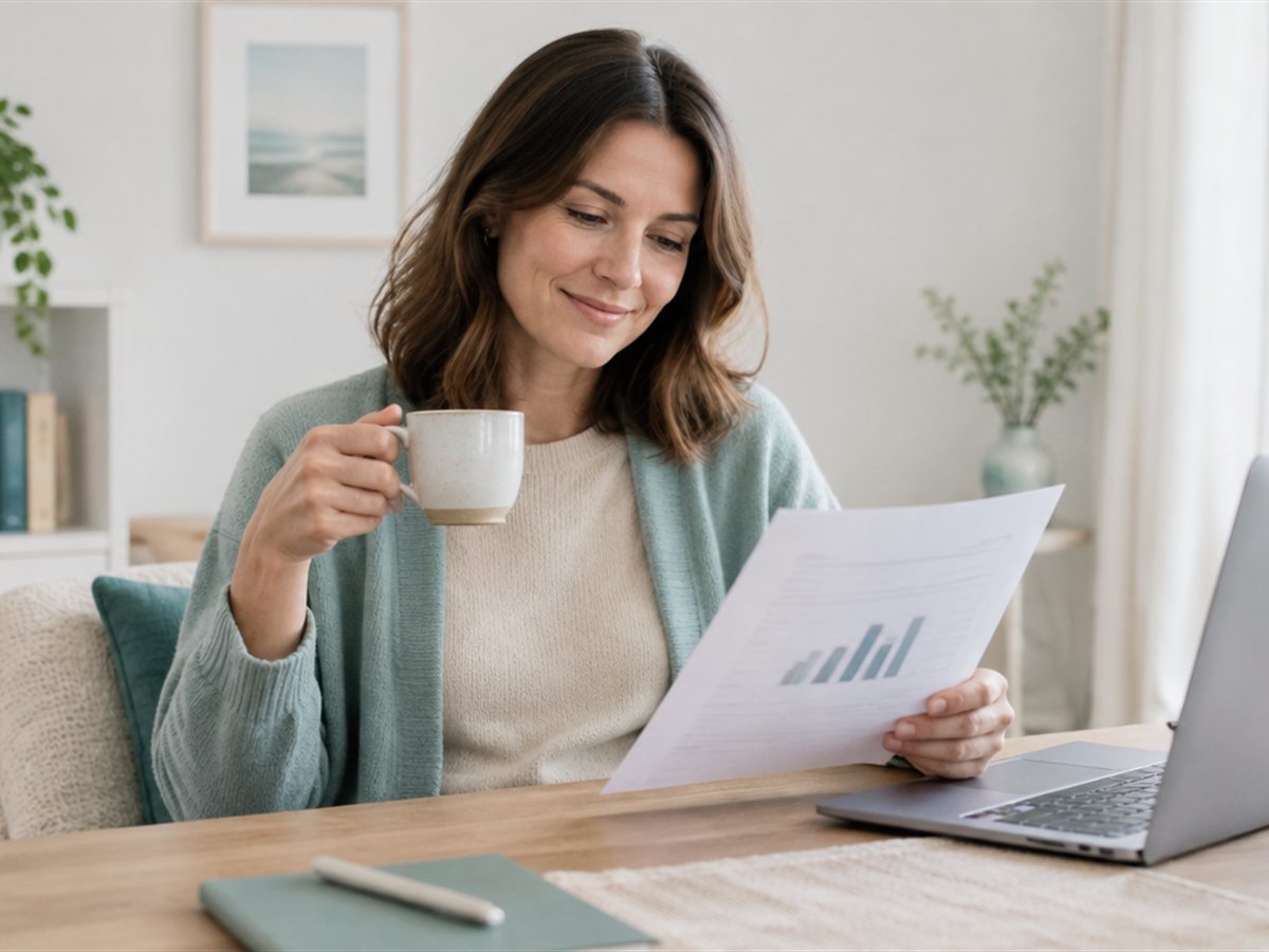 A counsellor with a cup of tea reading her monthly website report at a sunlit desk