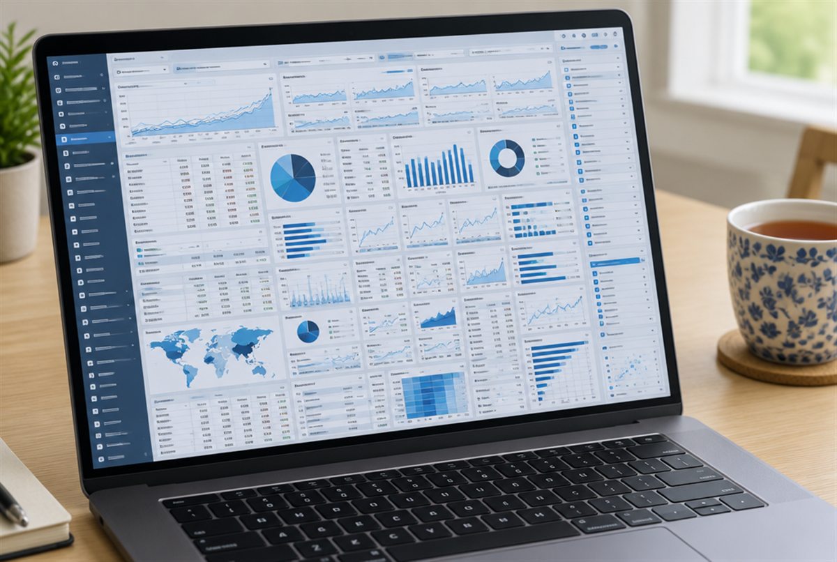 A laptop showing a crowded analytics dashboard full of tiny graphs and tables