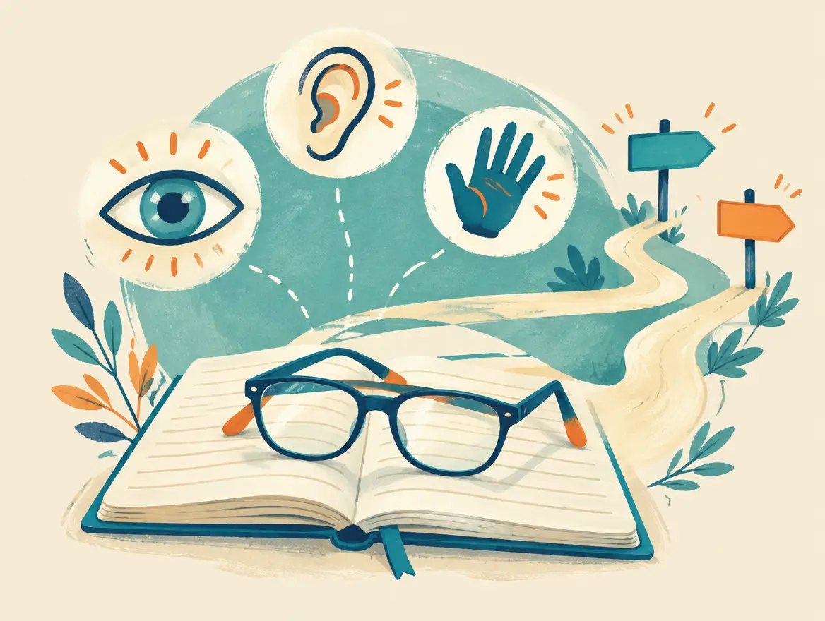 An illustration of an eye, an ear and a hand above an open notebook: the different ways people take in information