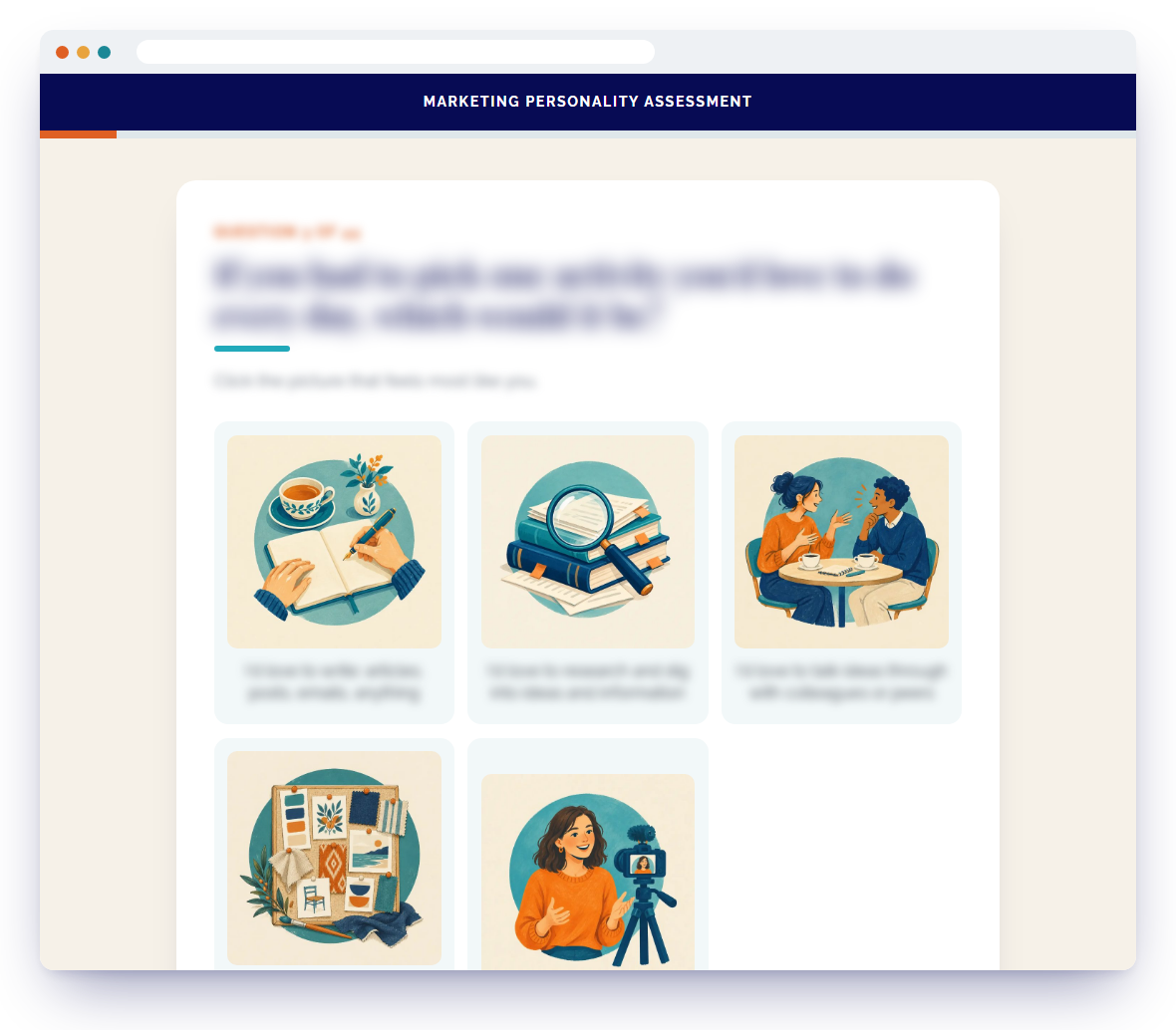 A picture question from the assessment: five illustrated answers to click, from writing to talking on camera