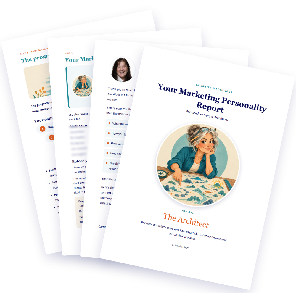 The Marketing Personality Report: a fan of sample report pages, with The Architect on the cover